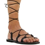 Size 3 Croc Black Emmanuela Ancient Greek Style Calf High Leather Sandals, Handmade Gladiator Tie up Sandals, Quality Strappy Summer Shoes, Boho Chic Toe Ring Lace up Sandals