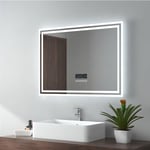 Miroir de salle de bain led avec éclairage 80x60cm Interrupteur Tactile, Anti-buée, Bluetooth, Horloge Lumière Blanche Froide - Emke