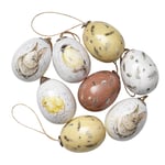 8 fina ägg med snöre till påsk, L. 5 cm, Ø3,5 cm – gult, vitt och klassisk påsk
