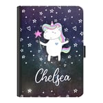 Personalised Initial Ipad Case For Apple iPad (2019) 10.2 inch (7th Generation), Galaxy Star Hearts Unicorn with Custom White Name, 360 Swivel Leather Side Flip Wallet Folio Cover, Unicorn Ipad Case