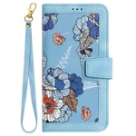 iPhone 15 Pro Max Leather Flip Fodral med Plånbok och Rem - Ljusblå med Blommor