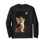 Funny Retro Art Cat Kitten in Space Cute Vintage Long Sleeve T-Shirt