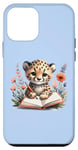 Coque pour iPhone 12 mini Adorable guépard écrit dans un carnet sur fond bleu