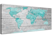 Large Teal Grey Map of World Atlas Canvas Wall Art Print 120cm Wide - 1299