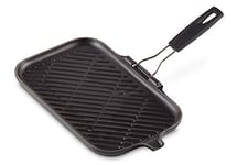 Le Creuset Enamelled Cast Iron Large Rectangular Grill Pan, With Folding Handle, For Low Fat Cooking On All Hob Types Including Induction, 24cm Matte Black, 20049000000400
