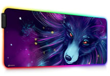 DORRISO Mouse Pad RGB Gaming Mouse Mat Large 900x400x4mm XXL 12 Glowing Modes LED Extended Mousepad Anti-slip Rubber Base Keyboard Soft Mouse Pads for Computer Laptop PC Desk Gaming Purple Wolf