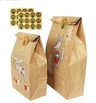 Bags Candy Bags Treat Bags Xmas Kraft Wrapping Paper Fox Elk Snowflake Gift Bags 12 Large + 12 Small Drawstring Gift Bags (24 Pack)
