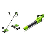 Greenworks 2 X 24V Cordless brushless Bike Handle Trimmer,Brush Cutter 2 in 1 Include 2 x 4Ah Battery and Dual Slot Charger & 2x24V Battery-Powered Axial Leaf Blower GD24X2AB Tool Only