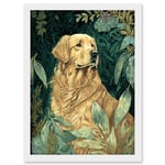 Golden Retriever Dog in Nature Modern Watercolour Illustration Artwork Framed Wall Art Print A4