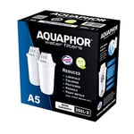 AQUAPHOR Filter Cartridge A5 2 Pack | Filters Limescale, Chlorine, Heavy Metals | 350L Clear Water | AQUALEN Technology for Better Tasting Food & Drink | Replacement Cartridge for A5 Filter Jugs