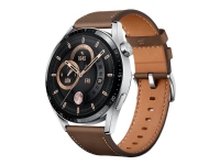 Huawei Watch GT 3 - Classic Edition - 46 mm - rostfritt stål i silver - smart klocka med rem - läder - brun - handledsstorlek: 140-210 mm - display 1.43 - 4 GB - Bluetooth - 42.6 g