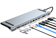 NÖRDIC 1 till 12 USB-C dockingsstation för tredubbla monitorer 2xHDMI 4K30Hz 1xVGA USB-C PD 100W Thunderbolt 3 & 4