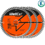 WellCut TCT Saw Blade 165mm x 60T x 20mm Bore for DCS520, GKT55 Pack of 3