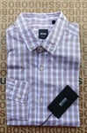 New Hugo BOSS white pink checked slim long sleeve casual smart suit shirt MEDIUM