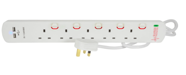 SWITCHED 2 METRE 5 GANG EXTENSION LEAD SURGE PROTECTION, NEON INDICATOR DUAL USB