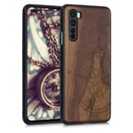 kwmobile Wood Case Compatible with OnePlus Nord - Phone Case with TPU Bumper - Navigational Compass Dark Brown