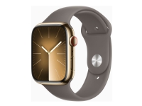 Apple Watch Series 9 (GPS + Cellular) - 45 mm - gyllen rustfritt stål - smartklokke med sportsbånd - fluorelastomer - clay - båndbredde: S/M - 64 GB - Wi-Fi, LTE, UWB, Bluetooth - 4G - 51.5 g