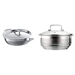 Le Creuset 962028300 3-Ply Stainless Steel Shallow Casserole, 30 x 7.5 cm, Silver & Stainless Steel Multi Steamer Insert with Glass Lid, for use with 3Ply Stainless Steel Pans, 16 cm to 20 cm