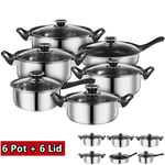 12Pc Induction Pan Set Saucepan Set Cookware Pot Stainless Steel With Glass Lids