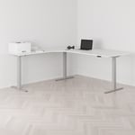 Höj och sänkbart hörnskrivbord, vänstersvängt, grått stativ, vit bordsskiva 200x200cm