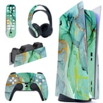 playvital Turquoise Marble Effect Full Set Skin Decal for ps5 Console Disc Edition,Sticker Vinyl Decal Cover for ps5 Controller & Charging Station & Headset & Media Remote