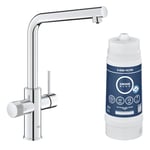 GROHE Blue Pure Minta Kitchen Sink 3 Ways Mixer Tap with S-Size Filter Starter Set (High L-Shaped 150° Swivel Spout, Tails 3/8 Inch, Cartridge Capacity 600 L, Easy to Fit), Chrome