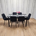 Black Clear Glass Dining Table With 6 Black Tufted Velvet Chairs Kitchen Dining Set