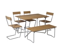 Grythyttan Stålmöbler B25 matgrupp Oljad ek/galvat 4 stolar, bänk 110 cm & bord 120 x 70 cm