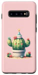 Coque pour Galaxy S10+ Cactus rose souriant mignon avec fleurs et chapeau de fête