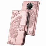 UILY Case Compatible for Xiaomi Redmi Note 9T 5G, Fashion PU Leather Flip Wallet Cover, Embossed Butterfly Pattern with Bracket Function Anti-Fall Shell. Rose gold