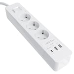 KabelDirekt – Bloc multiprise avec 3 prises (USB, Power Delivery 3.0, charge jusqu’à 3× plus rapide selon l’appareil, protection parafoudre/surtension, testé par TÜV, blanc)