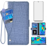 Asuwish Compatible with Huawei P30 Pro Wallet Case Tempered Glass Screen Protector and Leather Flip Cover Card Holder Stand Cell Accessories Phone Cases for Hawaii P30Pro P 30 Pro30 Women Men Blue