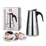 Bestine Stainless Steel Moka Pot | Stovetop Espresso Coffee Italian Induction Maker Percolater with 100 Pieces Paper Filters (9 Cup,Straight)