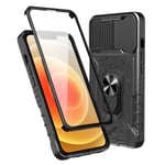 iPhone 14 Hybridskal med FingerRing & kameraskydd + härdat glas Svart
