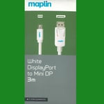 White DisplayPort 3m To Mini DP Maplin Adapter Lead 4K PC TV Monitor Cable