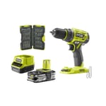 Pack RYOBI Perceuse Visseuse 18V Brushless R18DD7-0 - 1 Batterie 2,5 Ah 1 Chargeur rapide - Coffret antichocs 40 embouts de vissage - Porte-embouts