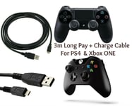 3M Long Play + Charging Charger Lead Cable FIT PS4 + Xbox One Controller GamePad