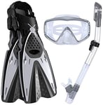 Nologo Snorkel Set - Fully Dry Top Snorkel with Silicon Mouth, impact-resistant tempered glass snorkeling mask, two bare-foot masks, snorkeling and fin/fin PVC,Silver,S/M