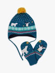 Frugi Baby Snug Snowy Fair Isle Knitted Hat & Mittens Set, Blue