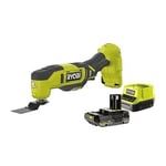 Ryobi 18V ONE+ cordless multifunction tool with 2.0 Ah battery and charger.