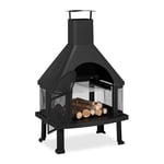 Relaxdays, noir cheminée de terrasse avec grill, Protection contre étincelle, tisonnier, massif, acier, 110 x 63 x 51 cm