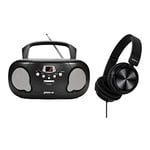 groov-e Orginal Boombox & Headphone Bundle - Portable CD Player with Radio, Stereo Headphones, 3.5mm Aux Port, & Headphone Socket - LED Display, 2 x 1.2W Speakers - Battery or Mains Powered - Black
