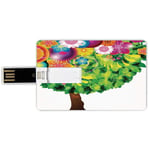 4G USB Flash Drives Credit Card Shape Tree of Life Memory Stick Bank Card Style Colorful Tree Fantasy Style Illustration with Blossoming Flowers Leaves Butterflies Decorative,Multi Waterproof Pen Thu