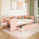 Enkelsäng för barn 90x200 cm - med skrivbord - med 2 lådor - med hyllor - massivt trä - rosa (utan madrass)