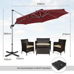 Ø 330 cm parasoll med vev & UPF 50+ & 360° roterande fribärande paraply trädgårdsparaply rött
