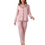 YUSHOW Pyjama Femme en Satin Ensemble de Pyjama Boutonnée Légère 2 Pièce Vêtements de Nuit en Soie Sleepwear Pjs Set pour Printemps été Automne,Rose,S