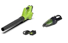 Greenworks battery-powered Axial-Leafblower G24ABK2 (with 2Ah battery and charger) & Battery-powered hand vacuum cleaner G24HV tool only