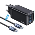 NOHON Chargeur USB-C Rapide Prise USB: 65W GaN 3 Ports Ultra Charger PD3.0 avec 140W USB C Rapide Cable 1.2M | Compatible avec MacBook Pro Air Airpods iPad iPhone 15 14 13 12 Min Pro Max Samsung S