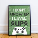 RED OCEAN Gamer Gift Funny Son Birthday Gift Gaming Print Framed Boys Bedroom Decor Xbox Fan Gift (A4 Print with Black Frame - Gaming Grow Up Level Up Green)