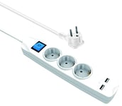 MaxTrack Bloc multiprise 3 Prises avec 2 Ports USB – NV56-3WL, câble de rallonge, multiprise, Prise Plate, Prise de Contact de Protection, Protection Contre Les Contacts, câble de 3 m